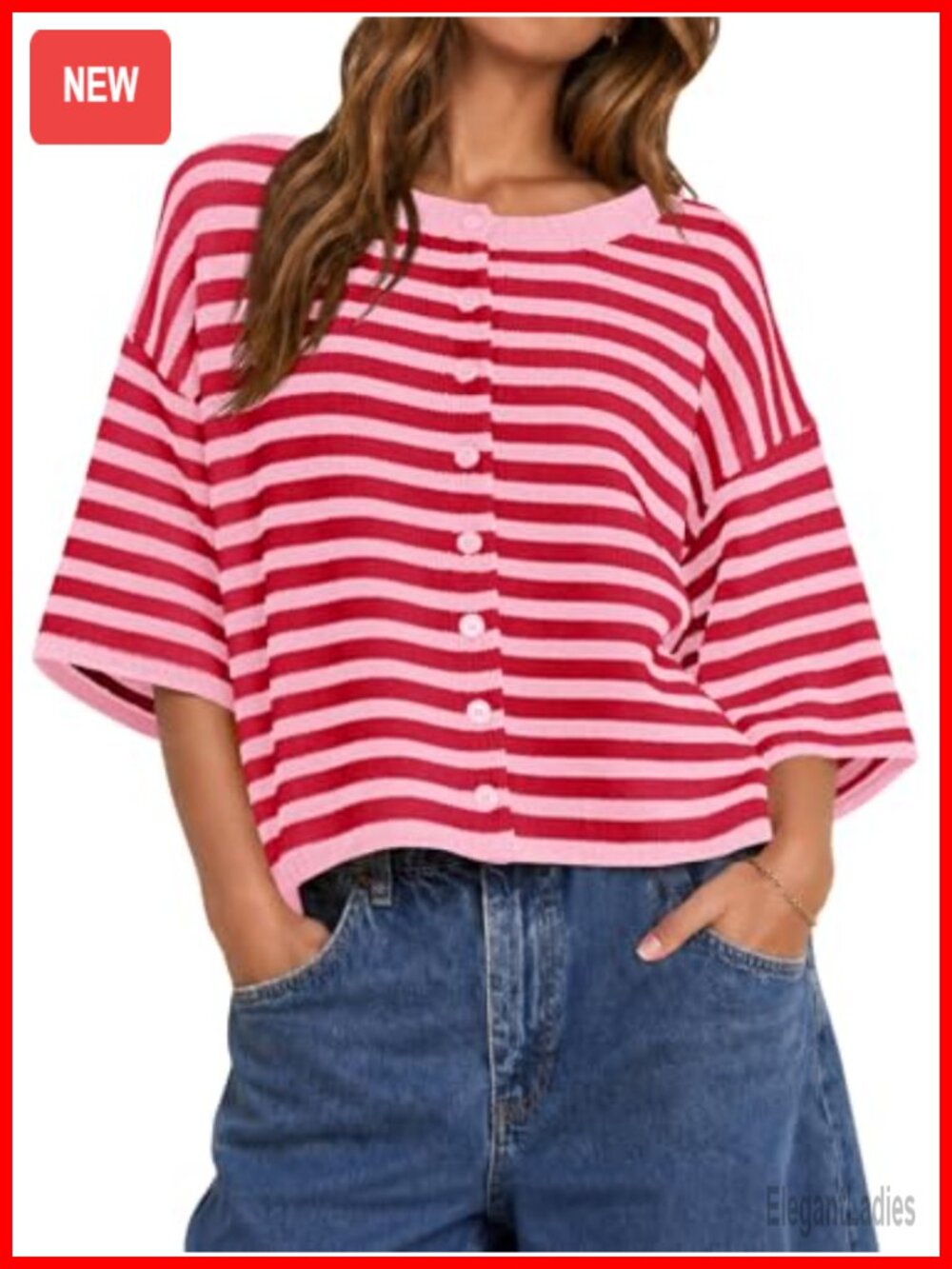 Womens Short Sleeve Striped Button Down Cropped Cardigan Lightweight Knit